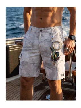 Pelagic® 𓆝 Madeira Cargo Hybrid Fishing Shorts 20" 𓆝 Light Grey Gyotaku 𓆝 38